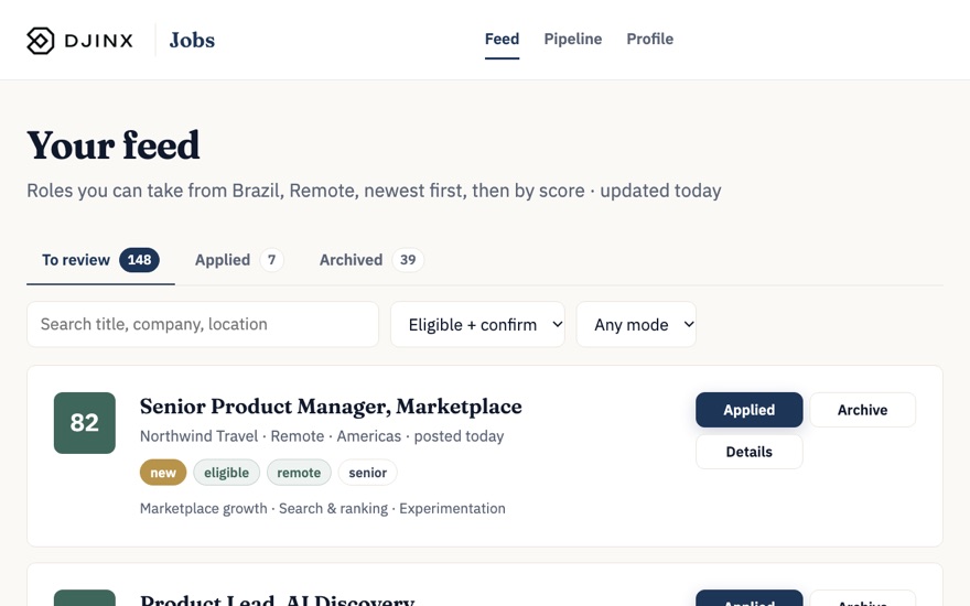 Djinx Jobs feed of product roles ranked by job score